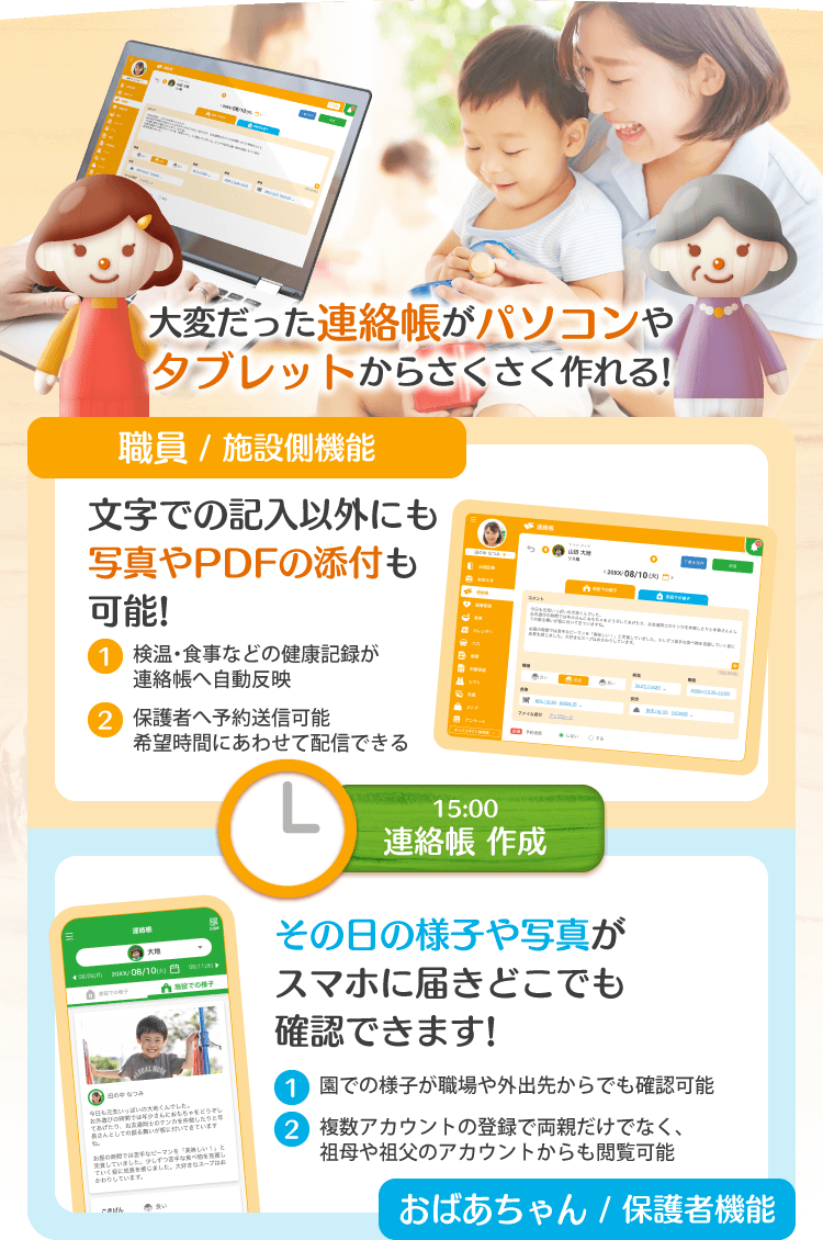 大変だった連絡帳がパソコンや、タブレットからさくさく作れる！