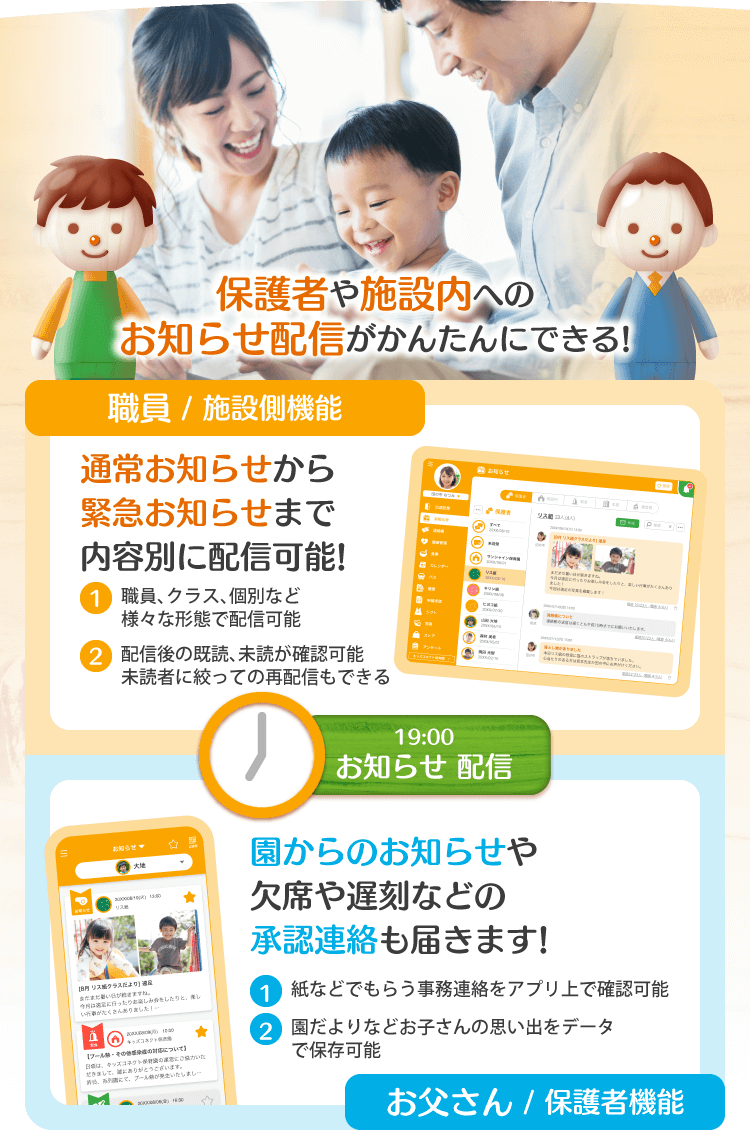 保護者や施設内へのお知らせ配信がかんたんにできる！
